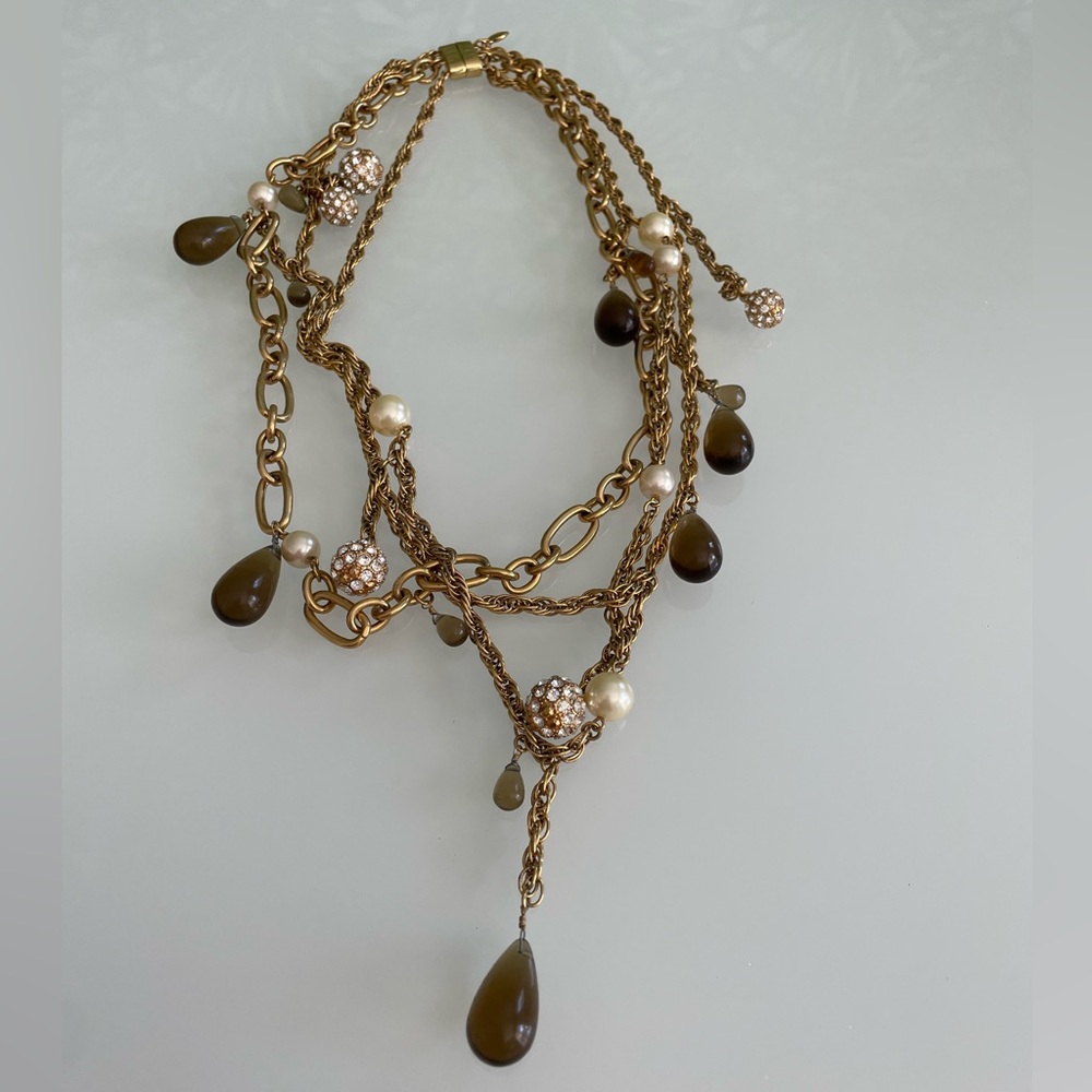 JCREW gold statement necklace with faux pearls, rhinestones and brown beads.